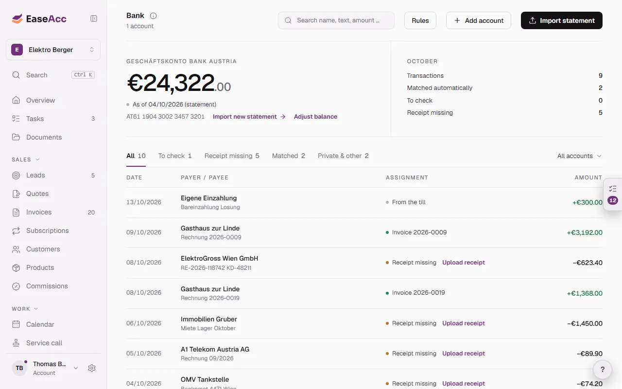 Bank transactions with matched invoices