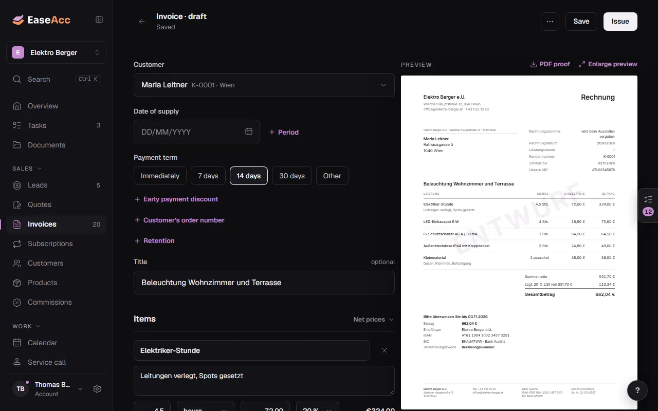 Writing an invoice with live preview