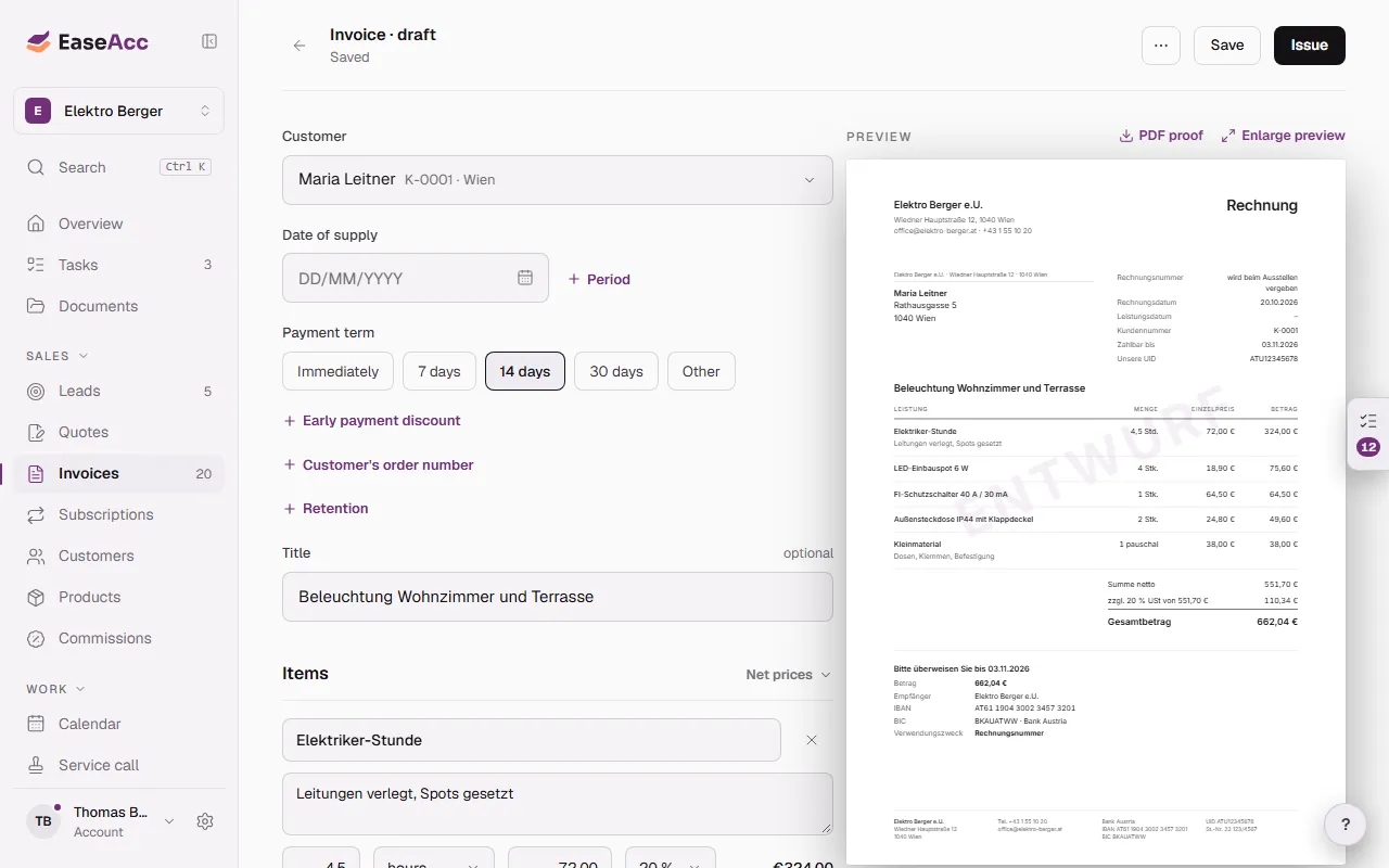 Writing an invoice with live preview